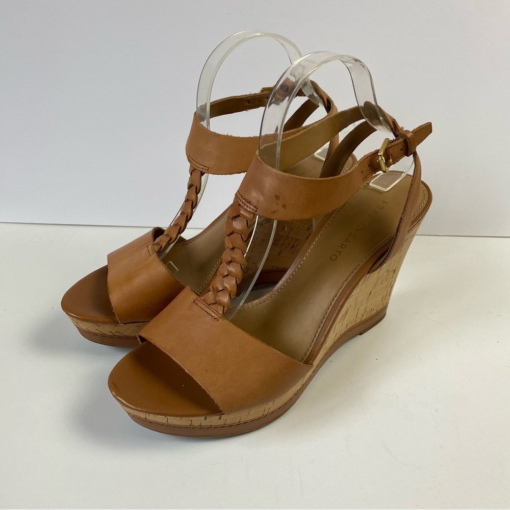 Franco Sarto T Strap Serenity Y2 Wedge Cork Heels size 10 Tan Leather Sandals